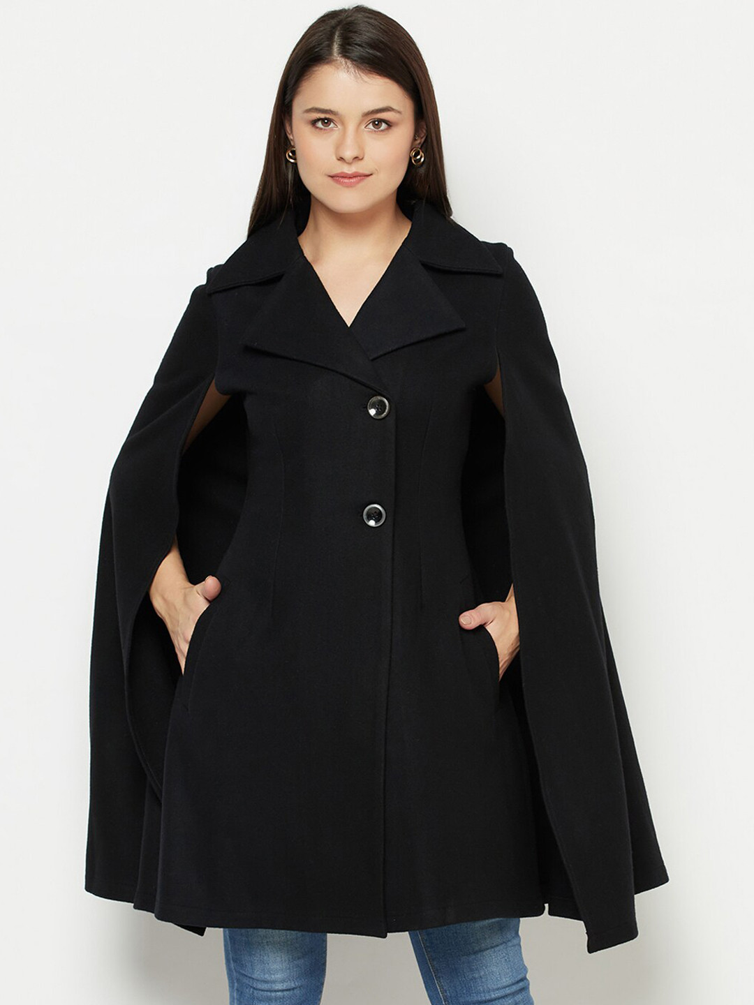 

Owncraft Women Black Solid Wool Cape Coat