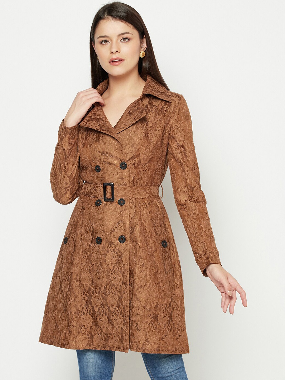 

Owncraft Women Brown Self Design Lace Overcoat