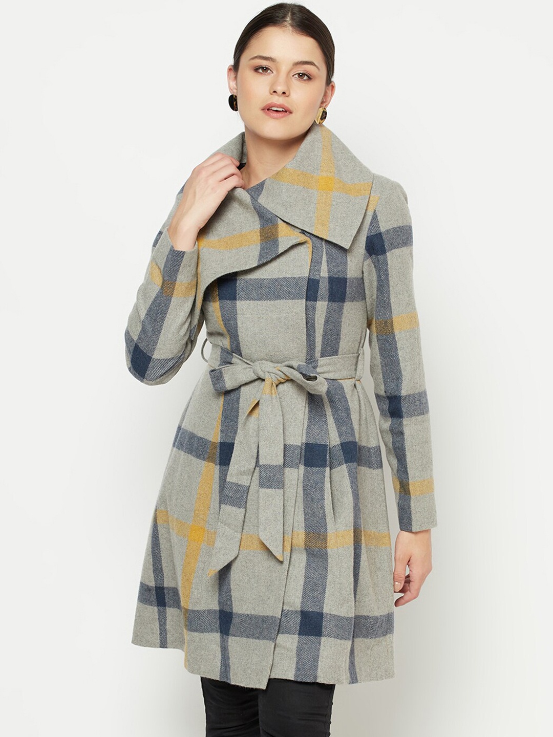 

Owncraft Women Grey & Yellow Checked Wool Coat