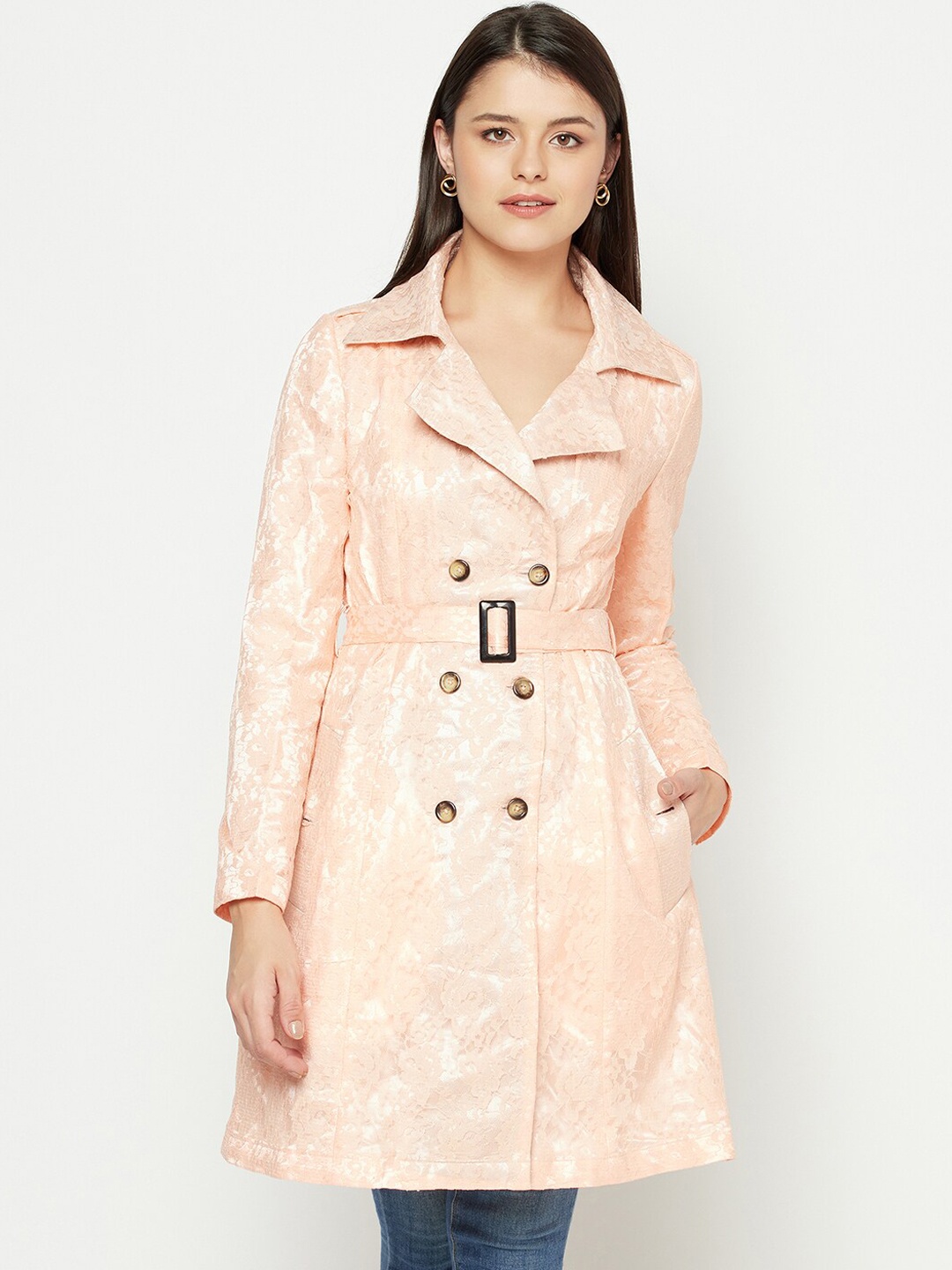 

Owncraft Women Peach Coloured Self Design Double-Breasted Trench Coat