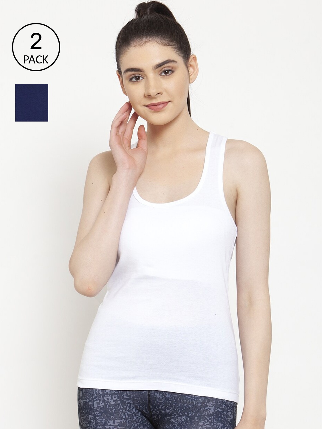 

Friskers Women Pack Of 2 White & Blue Solid Premium Cotton Tank Tops
