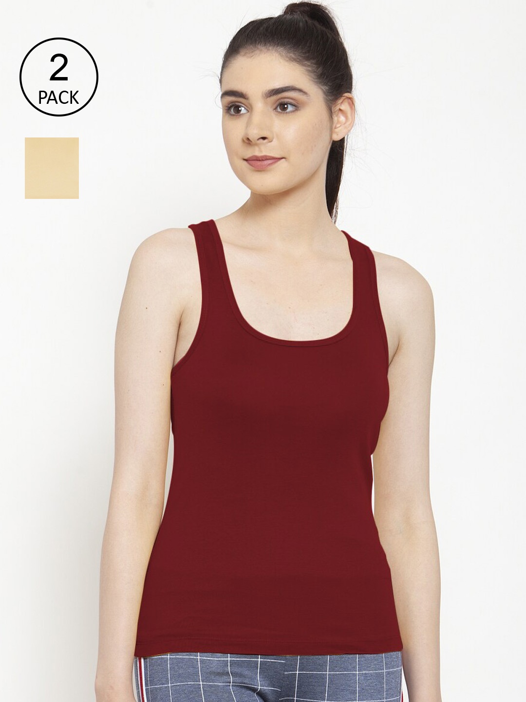 

Friskers Pack Of 2 Beige & Maroon Tank Top