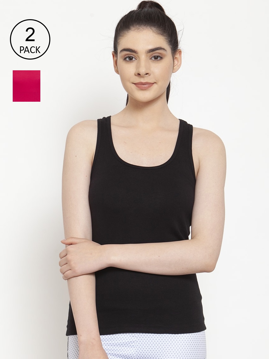 

Friskers Women Pack Of 2 Black & Pink Solid Premium Cotton Tank Tops
