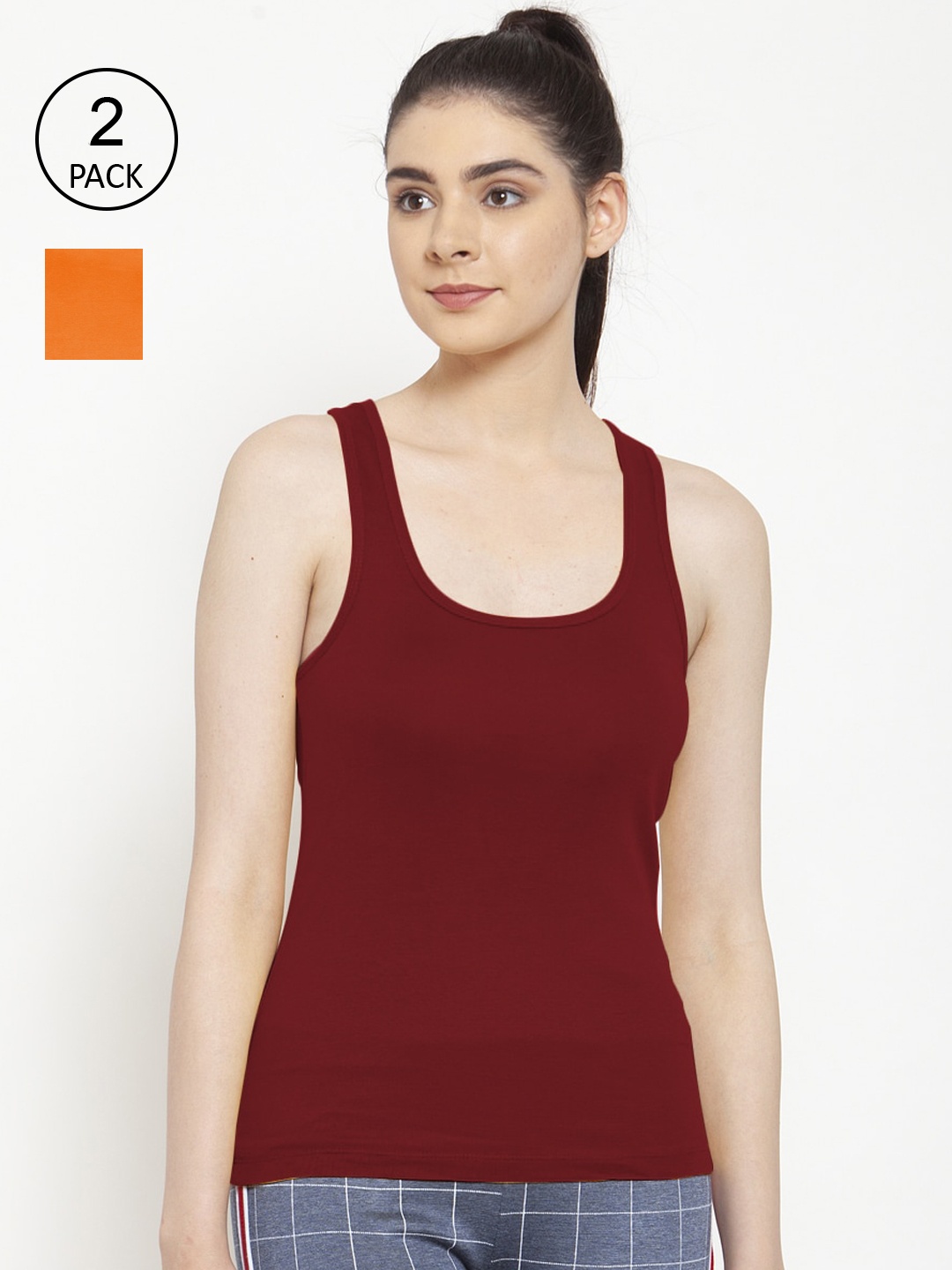 

Friskers Women Orange & Maroon Pack of 2 Pure Cotton Tank Tops