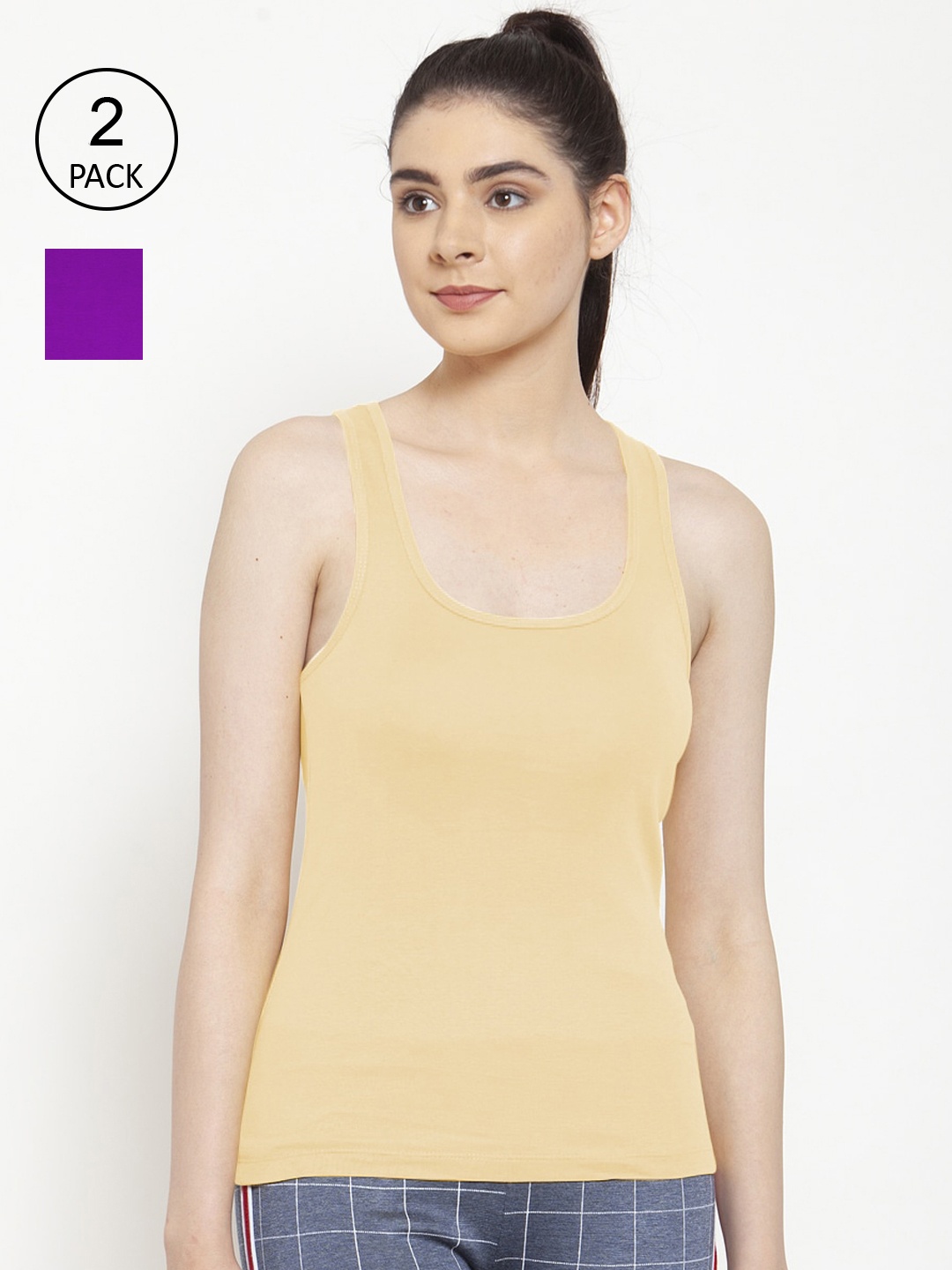 

Friskers Women Pack of 2 Beige & Purple Cotton Ribbed Camisoles