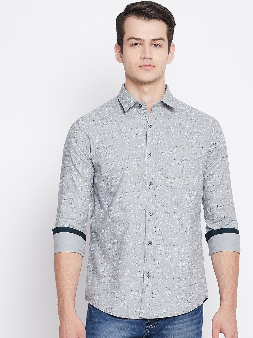 

Octave Men Grey Opaque Printed Pure Cotton Casual Shirt