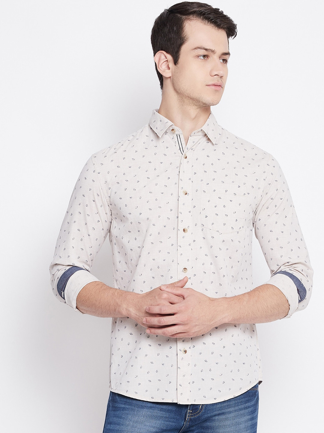 

Octave Men Beige Opaque Printed Pure Cotton Casual Shirt