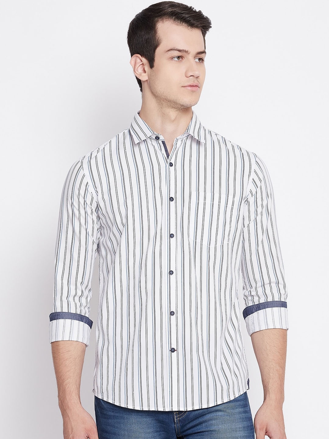 

Octave Men White Opaque Striped Pure Cotton Casual Shirt