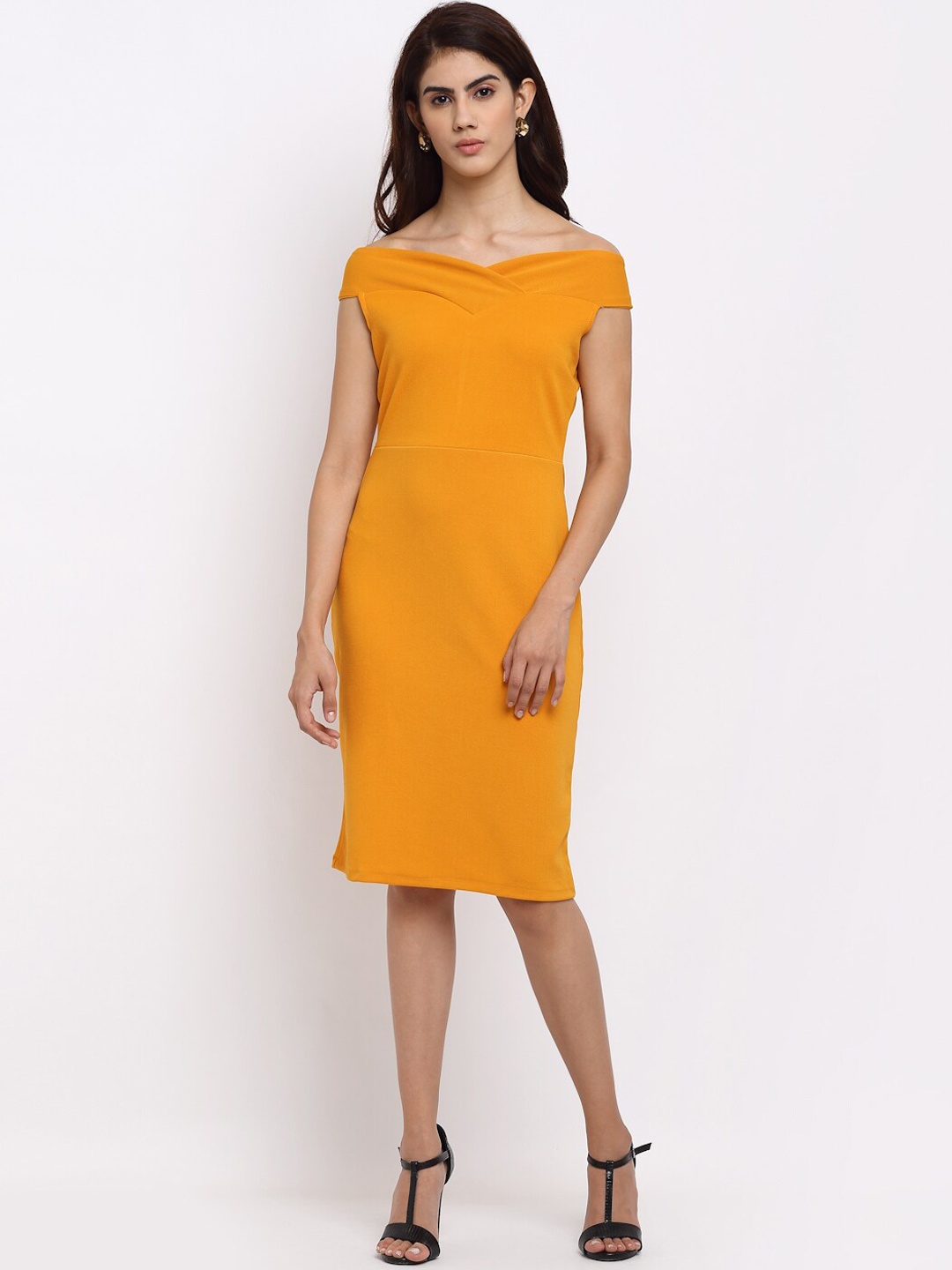 

Sugathari Mustard Yellow Off-Shoulder Bodycon Dress