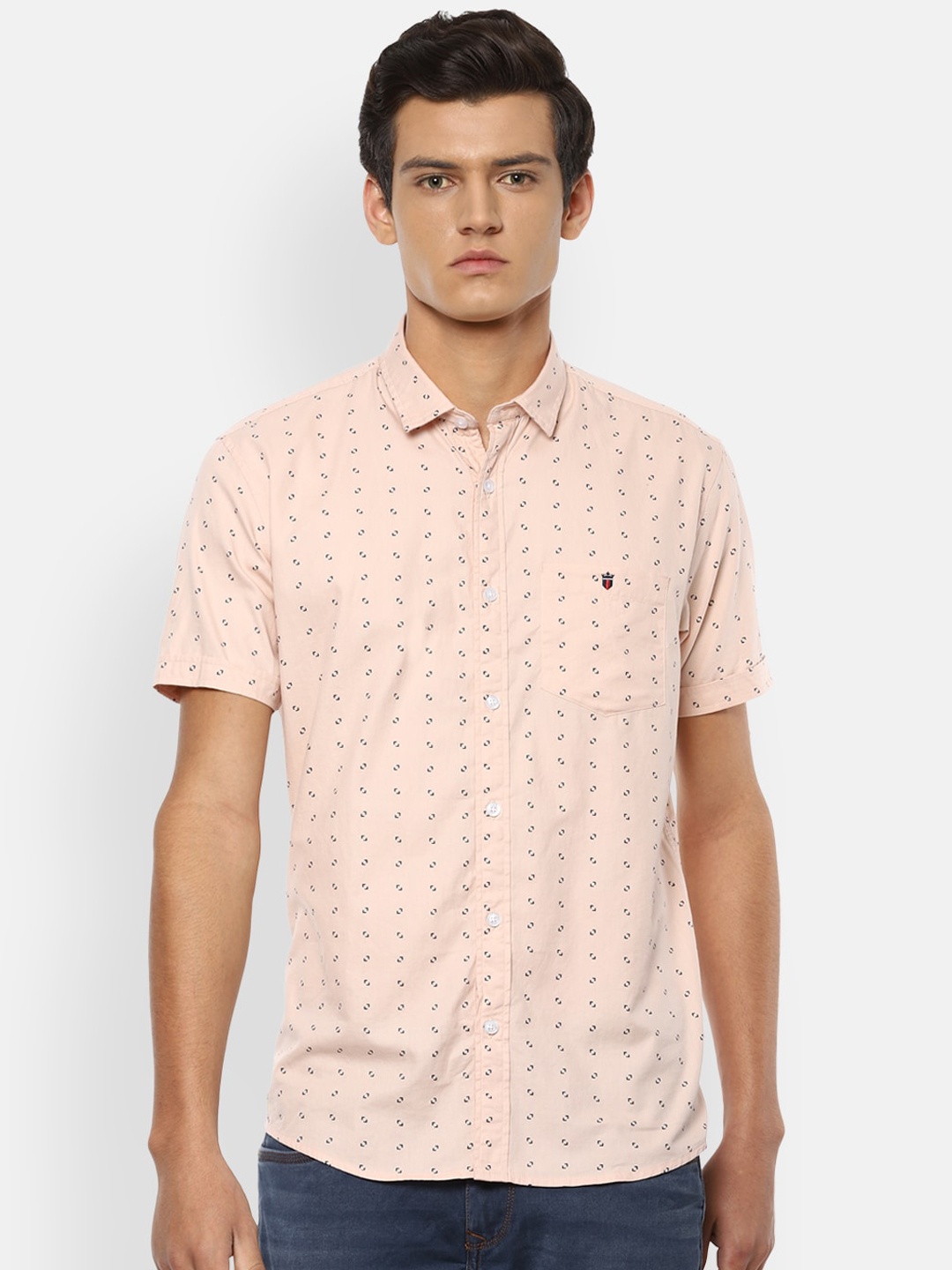 

Louis Philippe Jeans Men Peach-Coloured Slim Fit Opaque Printed Casual Shirt