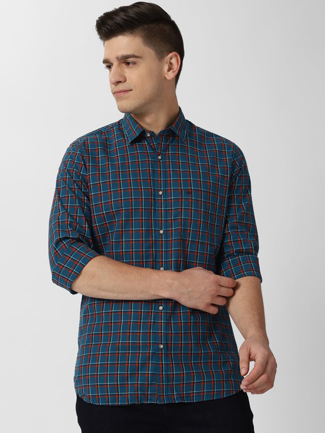 

Peter England Casuals Men Teal Slim Fit Tartan Checks Opaque Checked Casual Shirt