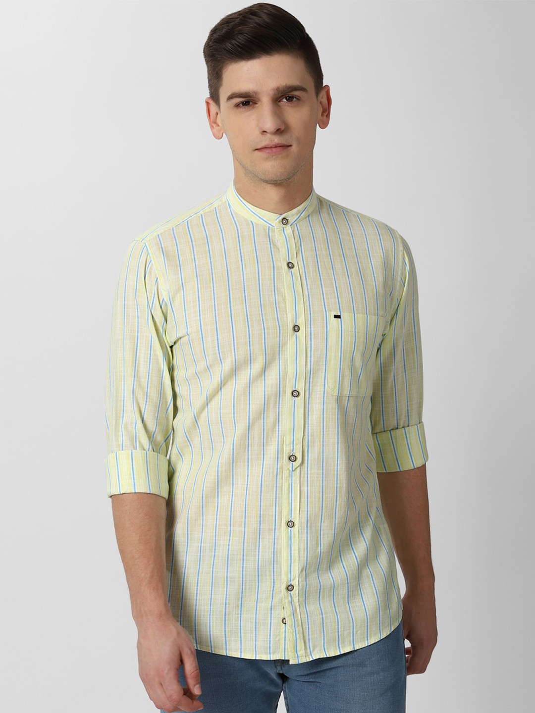 

Peter England Casuals Men Yellow Slim Fit Opaque Striped Casual Shirt