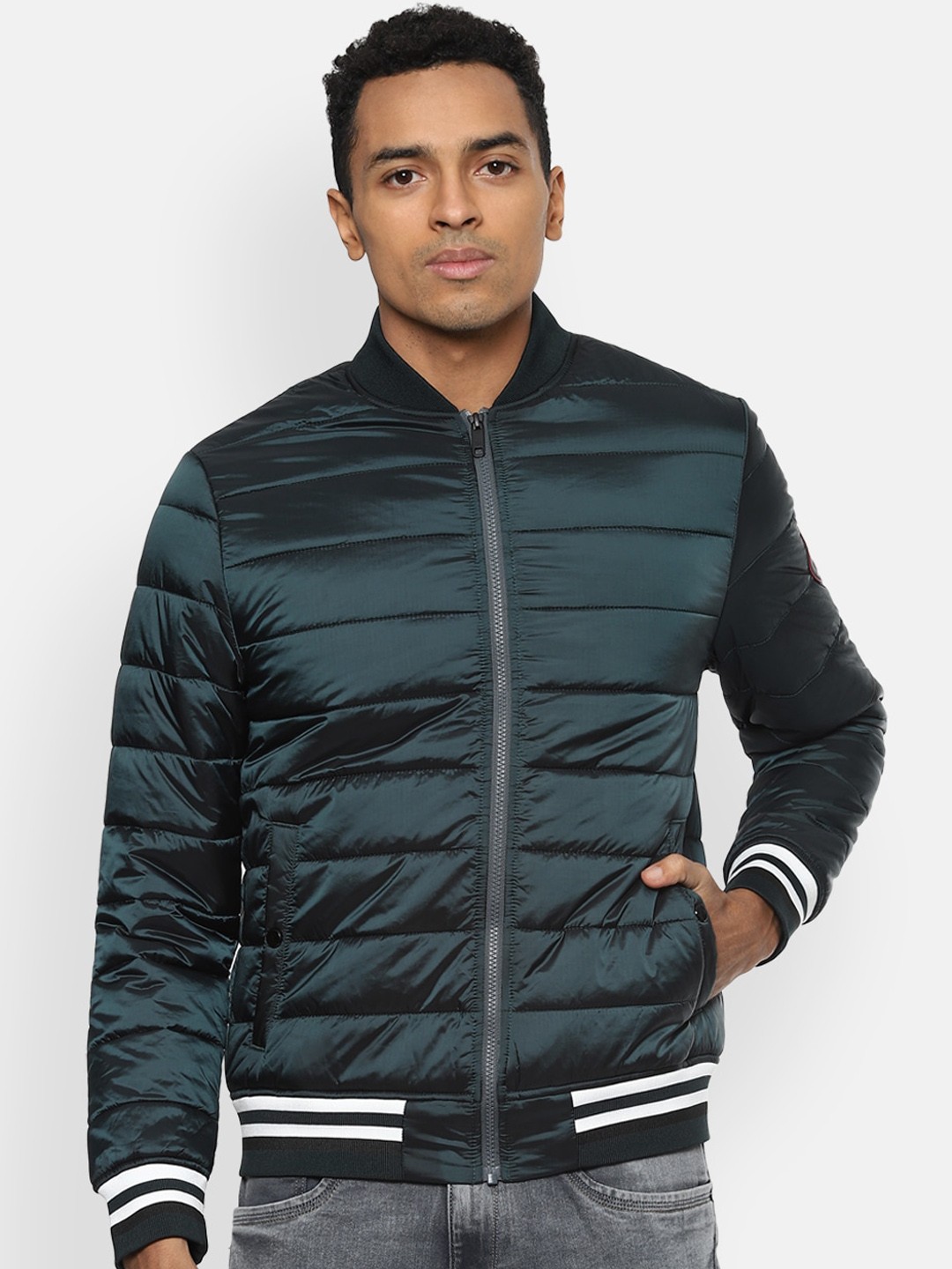 

Van Heusen Sport Men Green Striped Bomber Jacket