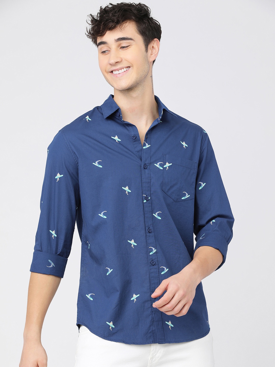 

HIGHLANDER Men Navy Blue Slim Fit Opaque Printed Cotton Casual Shirt