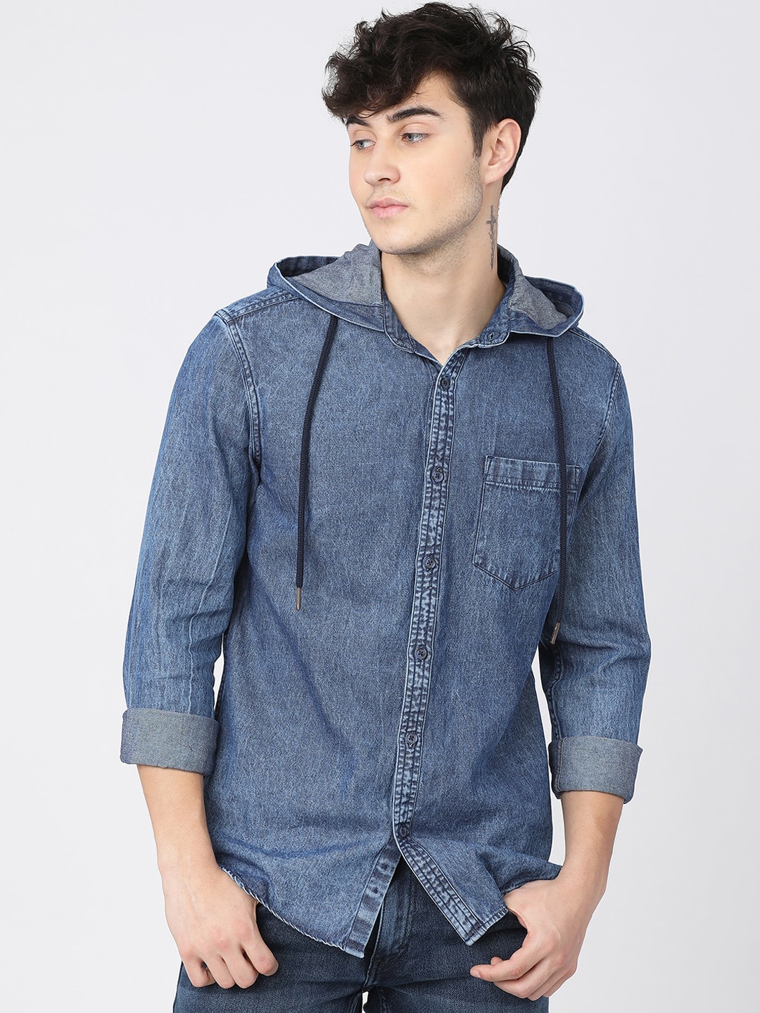 

HIGHLANDER Men Blue Slim Fit Faded Cotton Faded Hooded Demim Casual Shirt