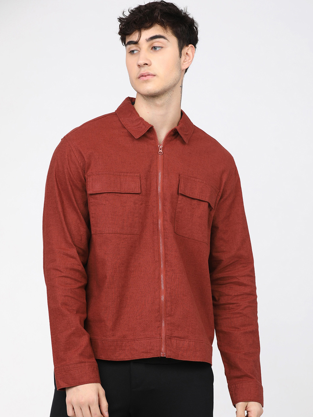 

HIGHLANDER Men Rust Red Cotton Linen Tailored Jacket