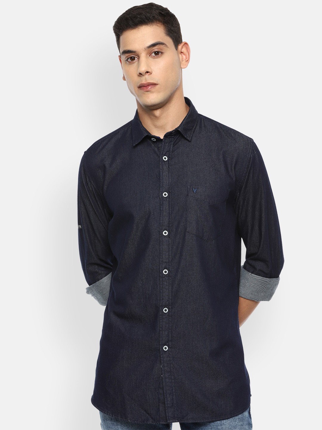 

VAN HEUSEN DENIM LABS Men Navy Blue Slim Fit Opaque Casual Shirt
