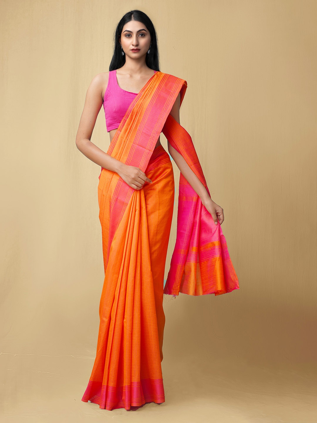 

Unnati Silks Orange & Pink Checked Silk Cotton Mysore Silk Saree