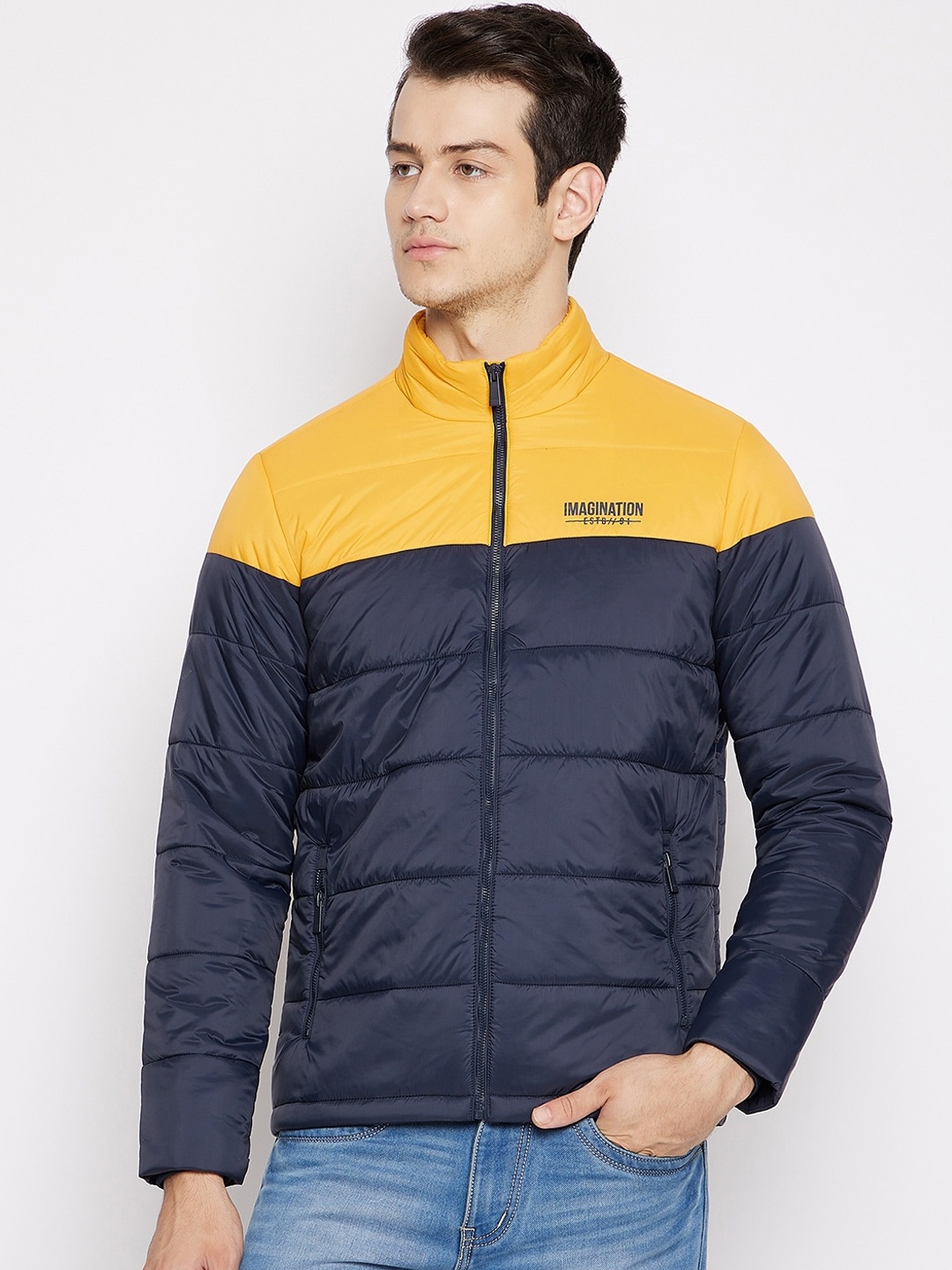 

Octave Men Navy Blue & Yellow Colourblocked Padded Jacket