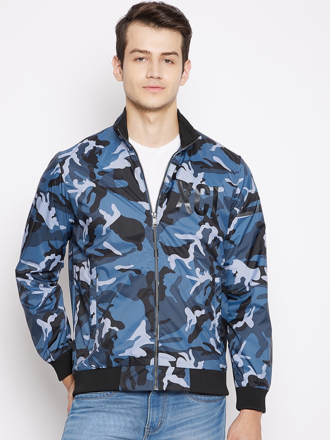 

Octave Men Navy Blue Camouflage Bomber Jacket