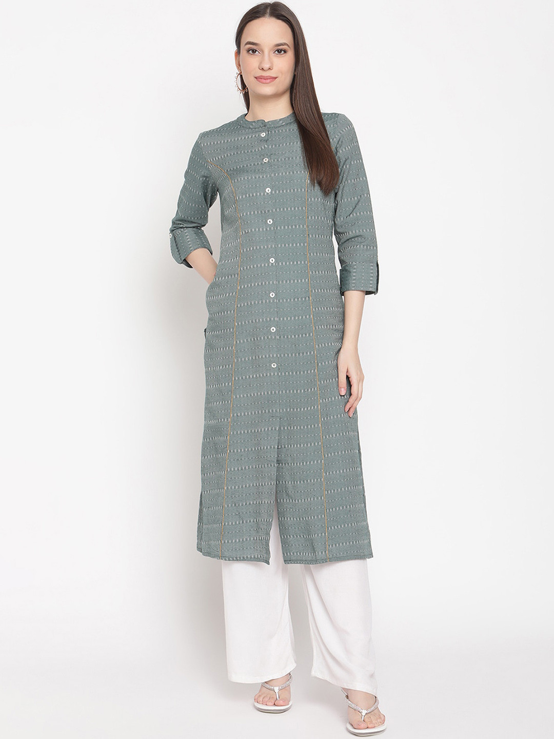 

Be Indi Women Collared Striped Straight Multiple Slits Regular Kurta, Green