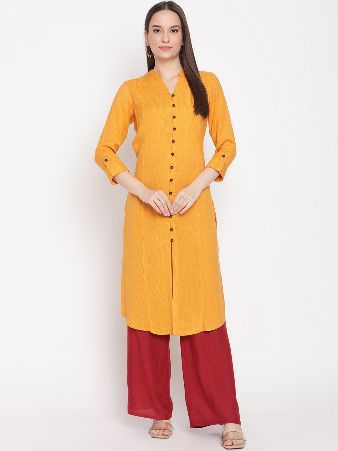 

Be Indi Women Collared Solid A-Line Multiple Slits Regular Kurta, Mustard