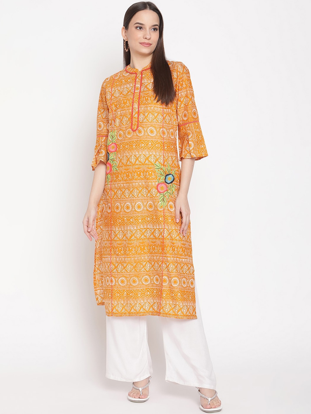 

Be Indi Women Collared Geometric Straight Side Slits Regular Kurta, Orange