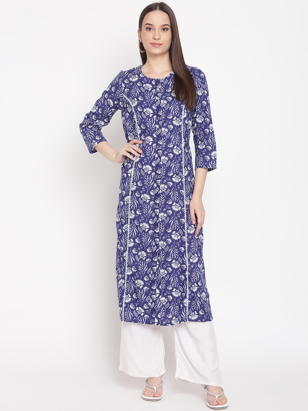 

Be Indi Women Round Neck Floral A-Line Multiple Slits Regular Kurta, Navy blue
