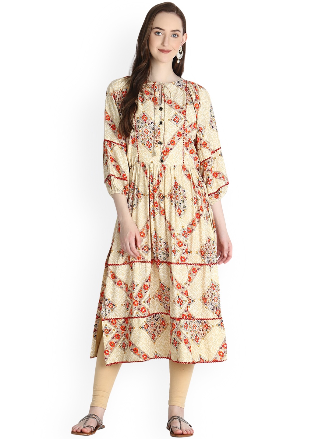 

OM SAI LATEST CREATION Women Beige & Red Ethnic Motifs Printed Gotta Patti Anarkali Kurta