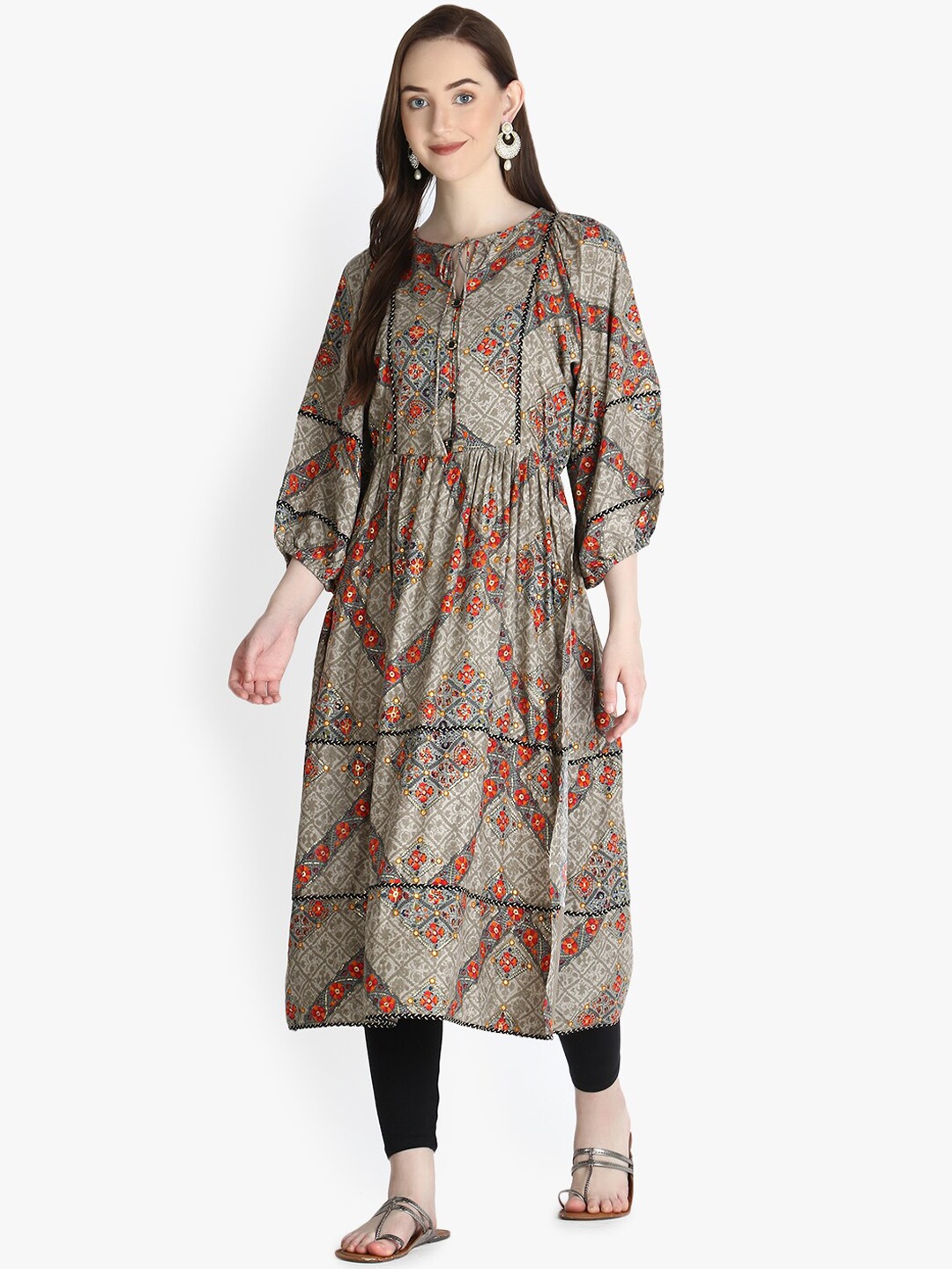 

OM SAI LATEST CREATION Women Grey Ethnic Motifs Printed Anarkali Kurta