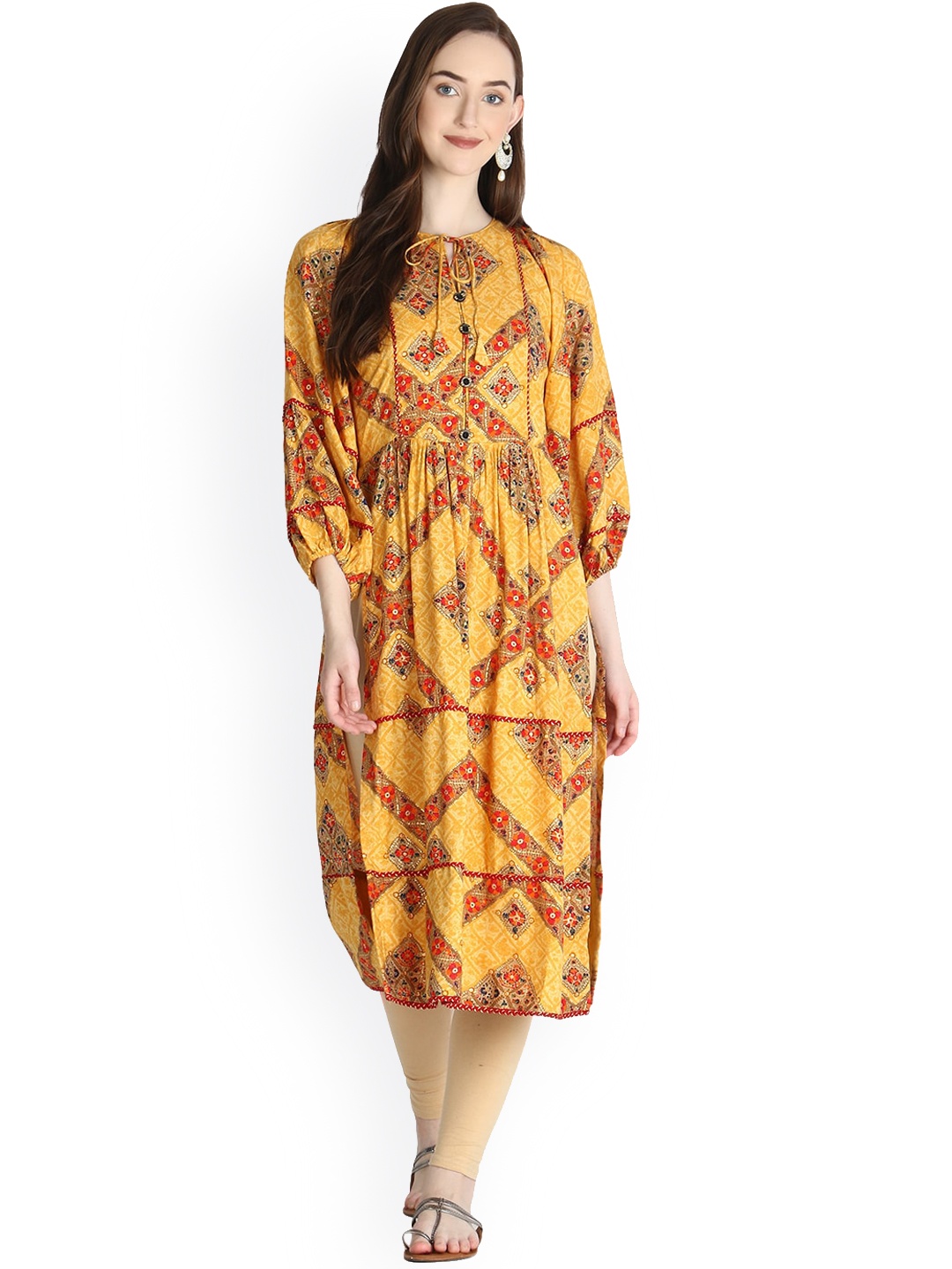 

OM SAI LATEST CREATION Women Yellow Ethnic Motifs Printed Anarkali Kurta