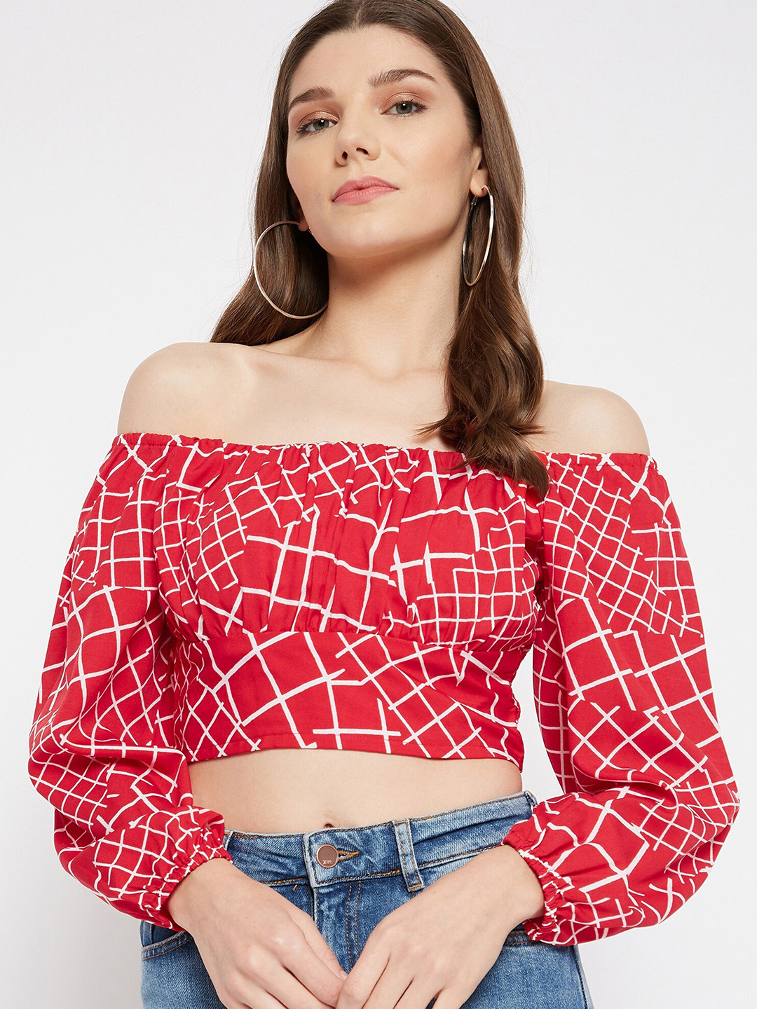 

U&F Red & White Off-Shoulder Crepe Bardot Crop Top
