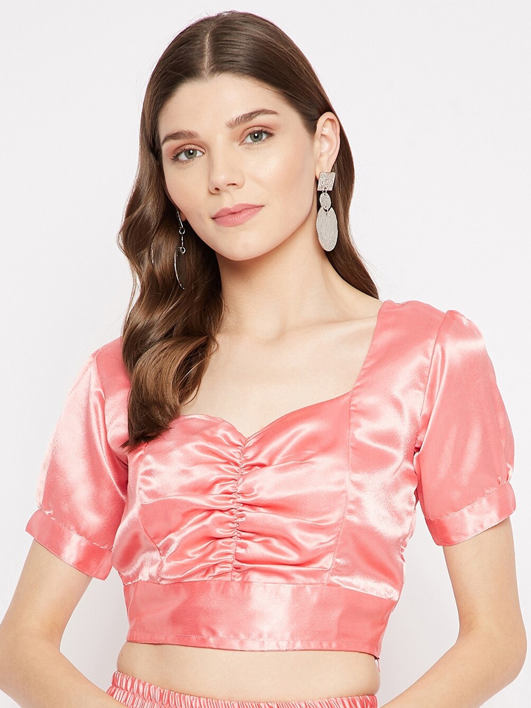 

U&F Pink Sweetheart Neck Satin Fitted Crop Top