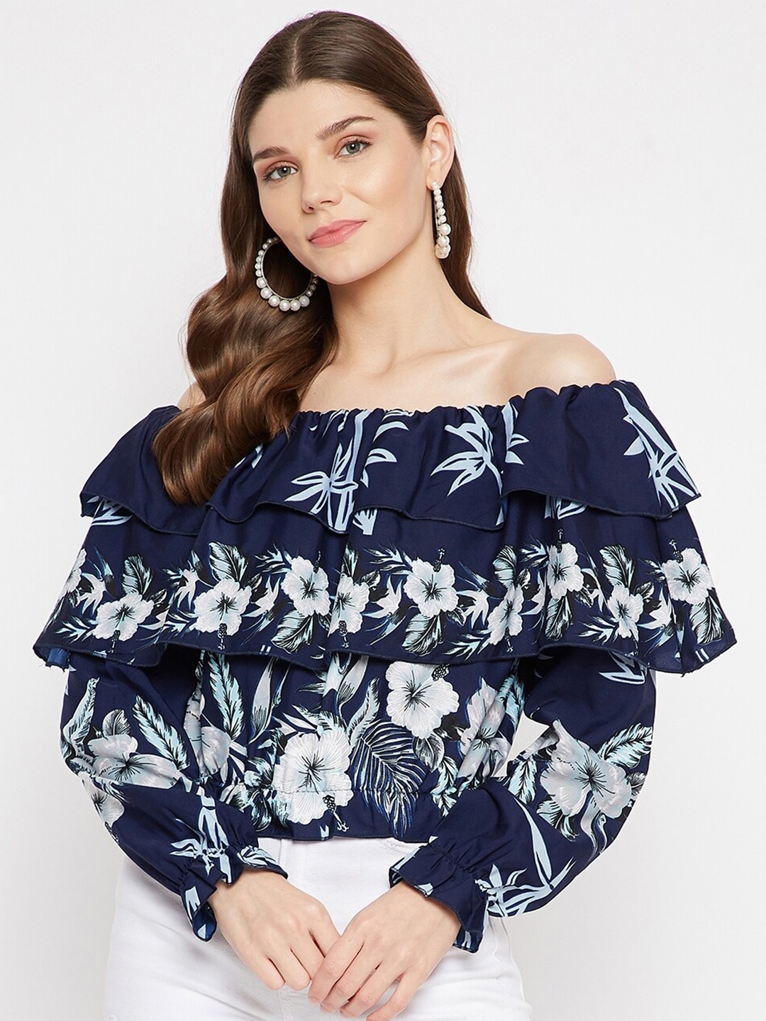 

U&F Blue Floral Off-Shoulder Ruffles Bardot Top