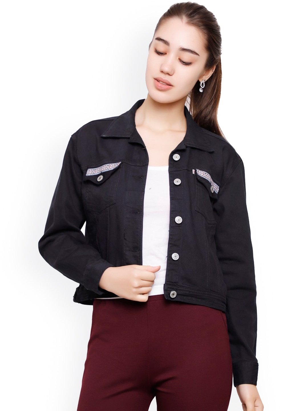 

DECHEN Women Black Lightweight Cotton Crop Denim Jacket