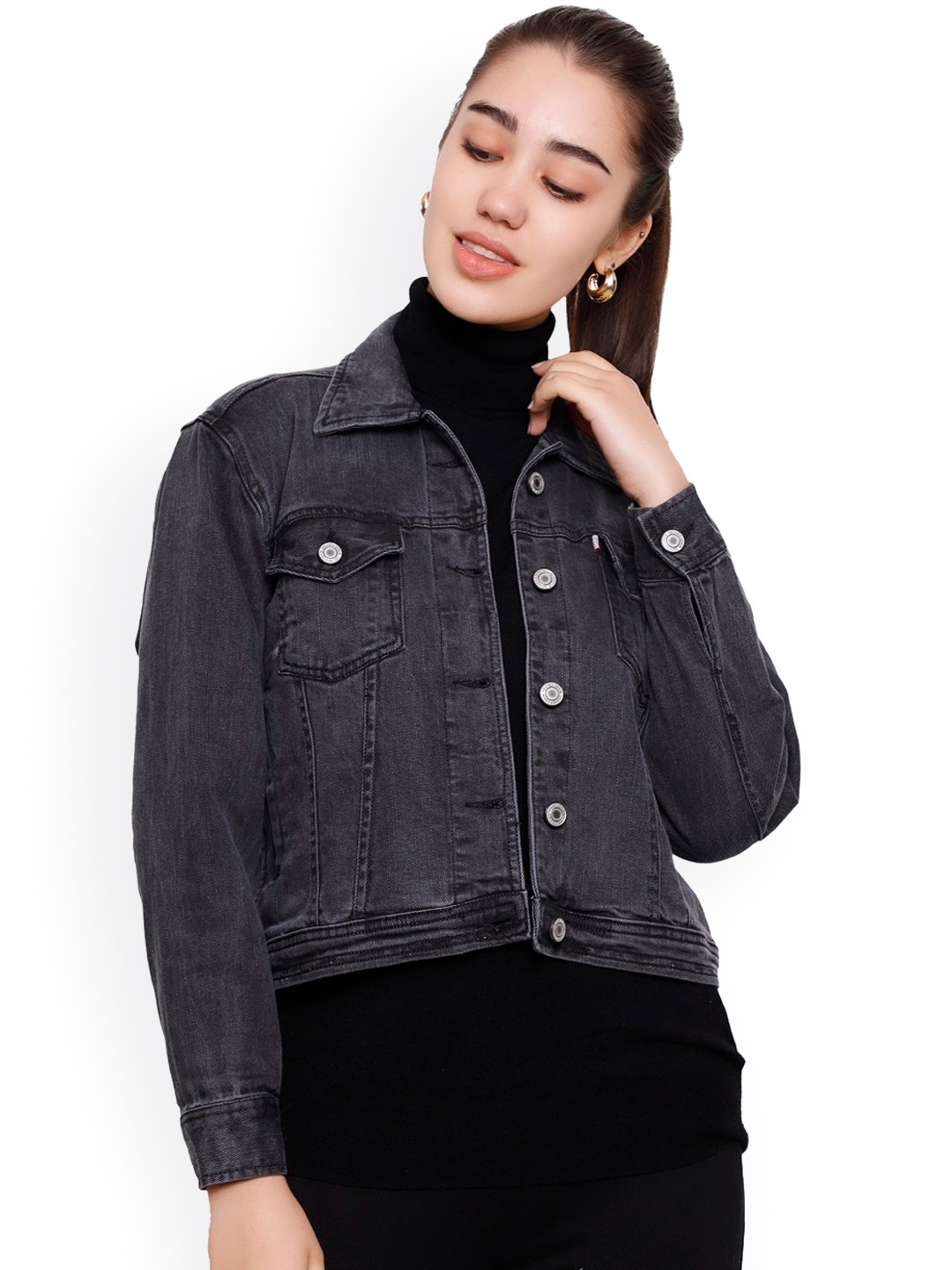 

DECHEN Women Grey Striped Lightweight Cotton Crop Denim Jacket