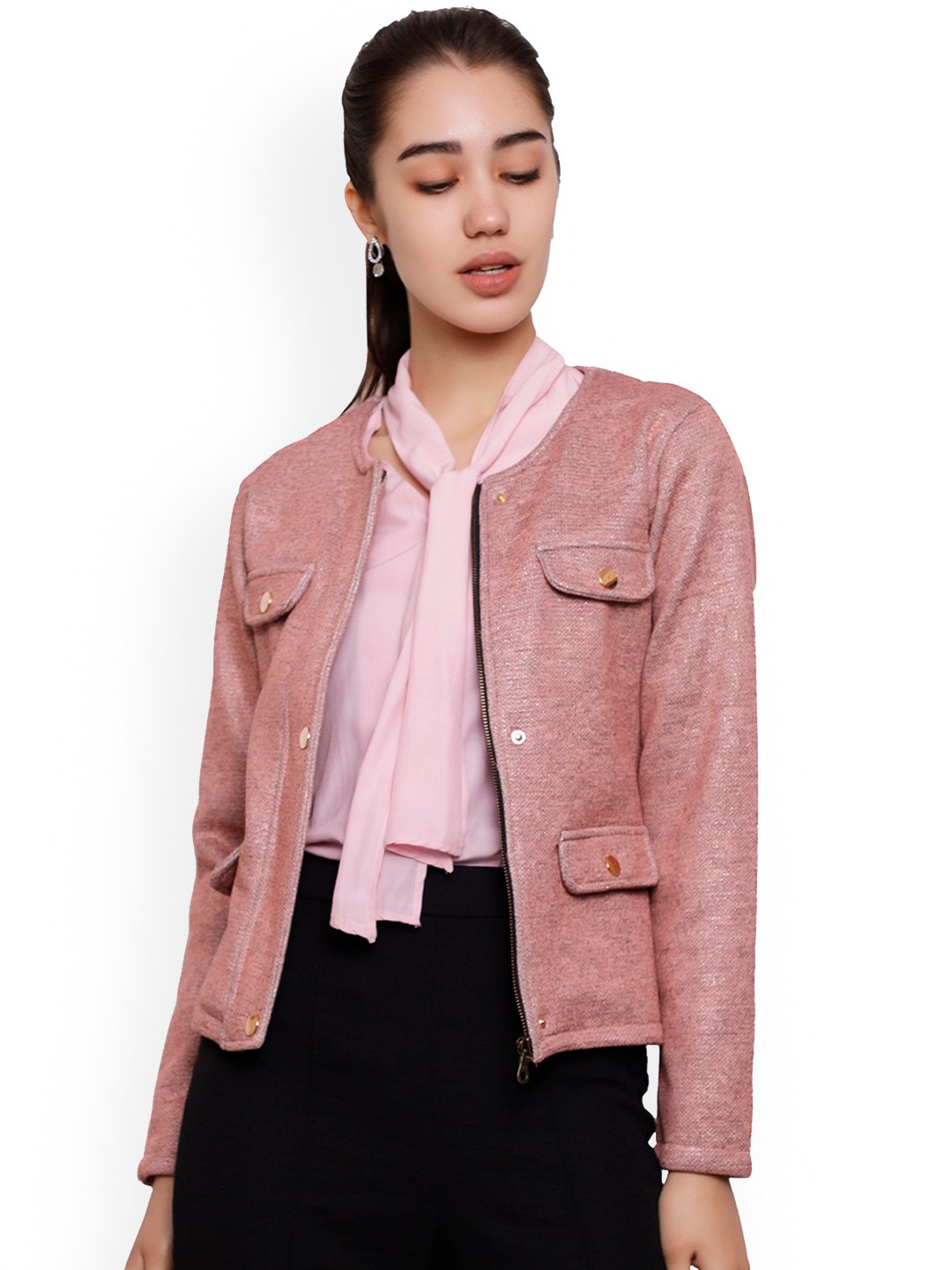 

DECHEN Women Pink Lightweight Crop Tailored Jacket