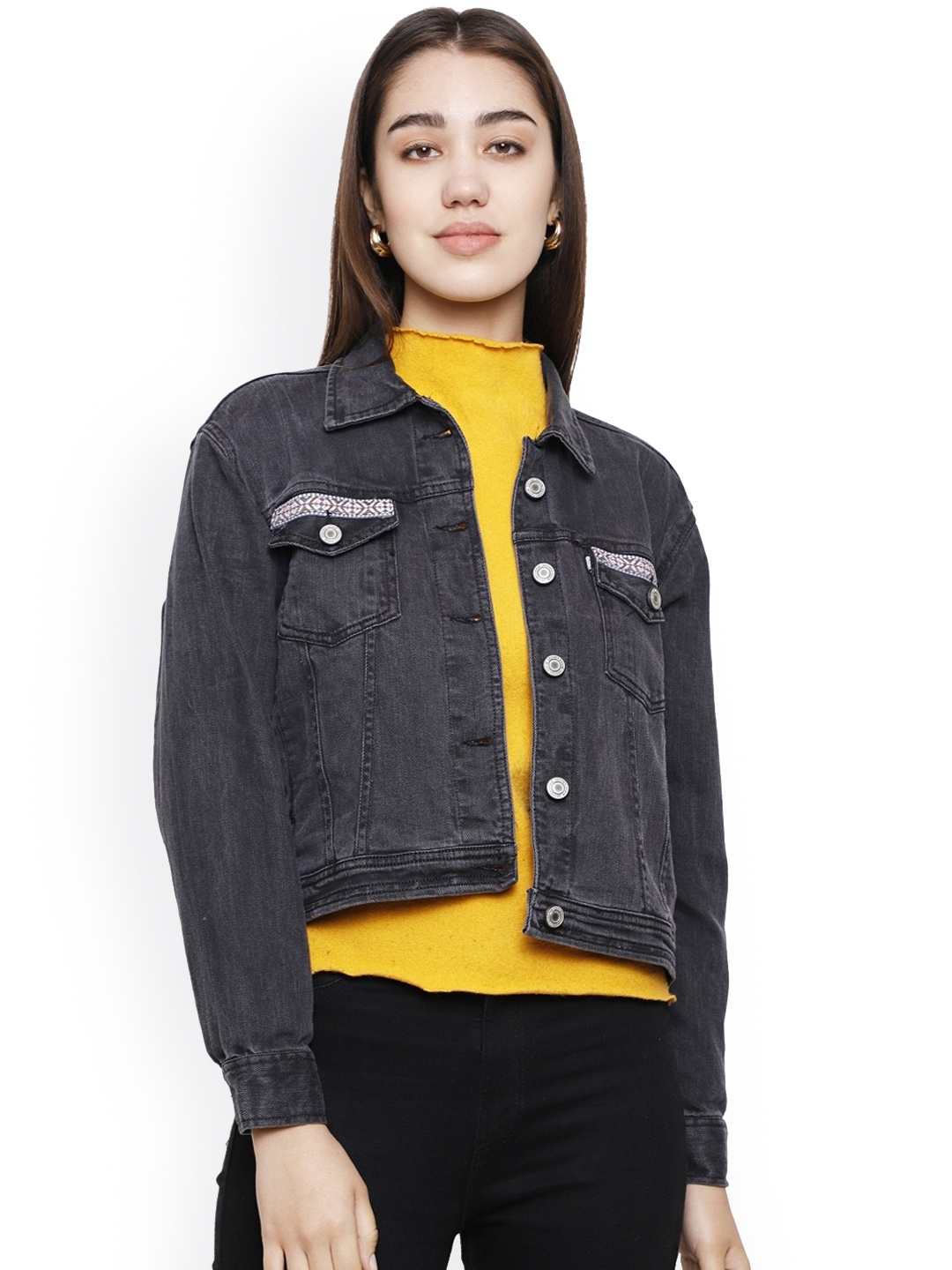 

DECHEN Women Grey Lightweight Cotton Crop Denim Jacket