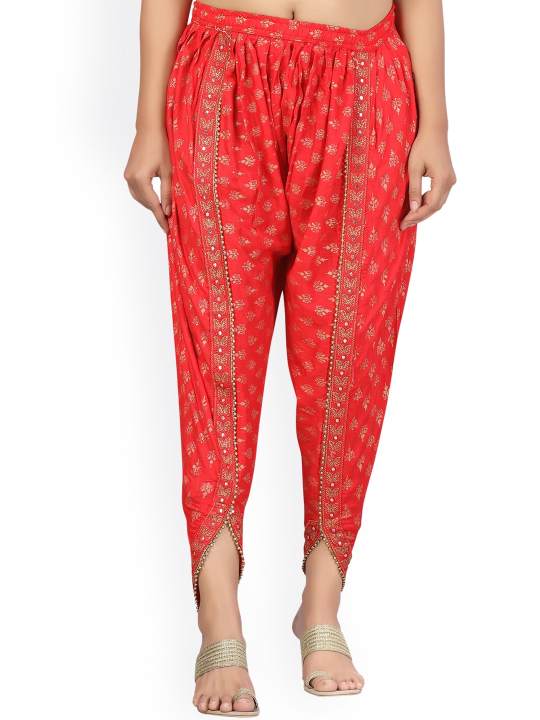 

Aarika Women Red & Gold-Coloured Printed Cotton Dhoti Pants