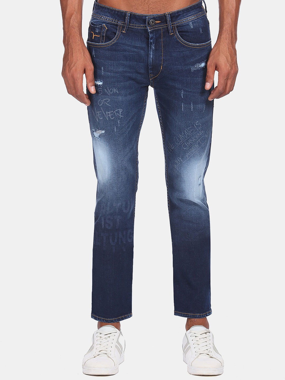 

Flying Machine Men Blue Slim Fit Low Distress Light Fade Printed Stretchable Jeans