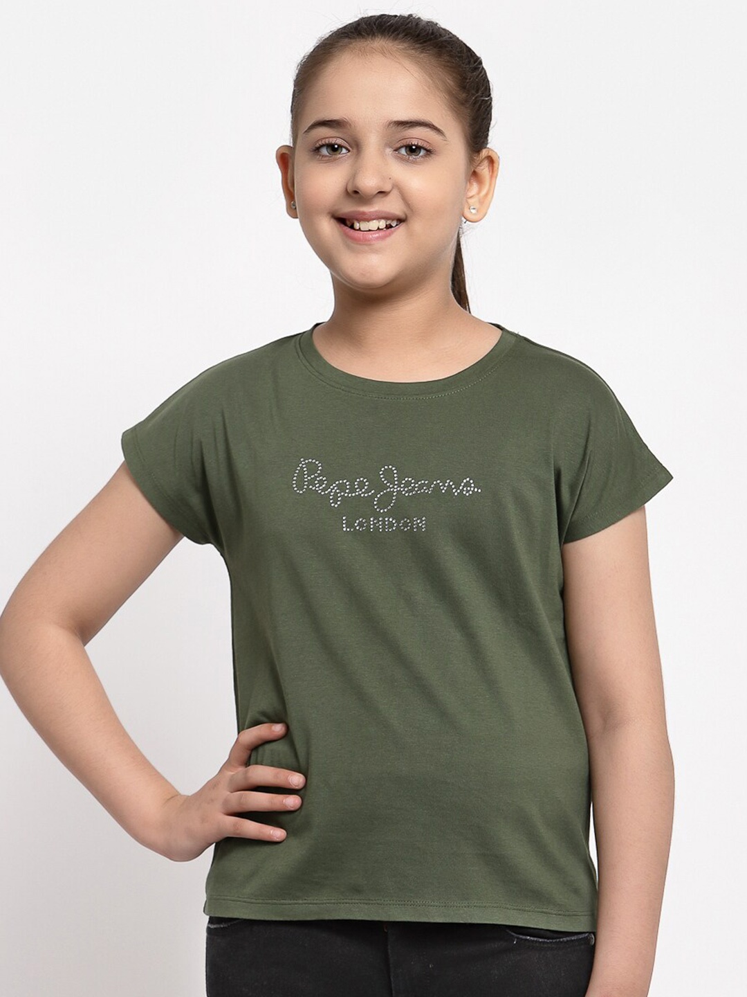 

Pepe Jeans Girls Olive Green Typography Printed T-shirt With Embellished Detail