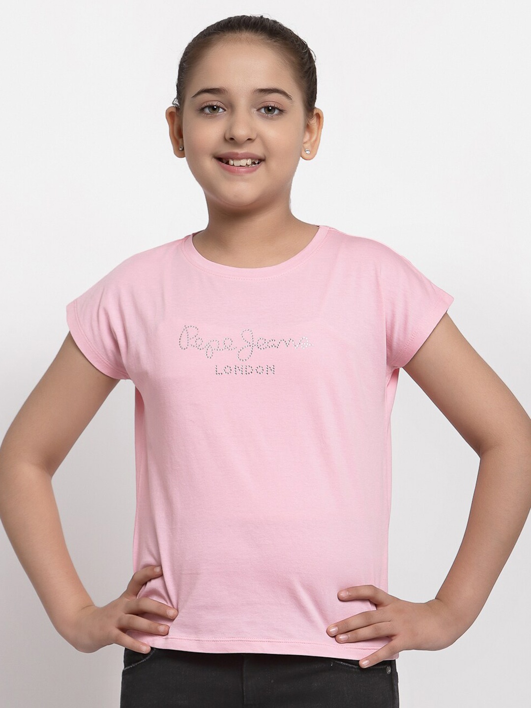 

Pepe Jeans Girls Pink Typography Printed Extended Sleeves T-shirt
