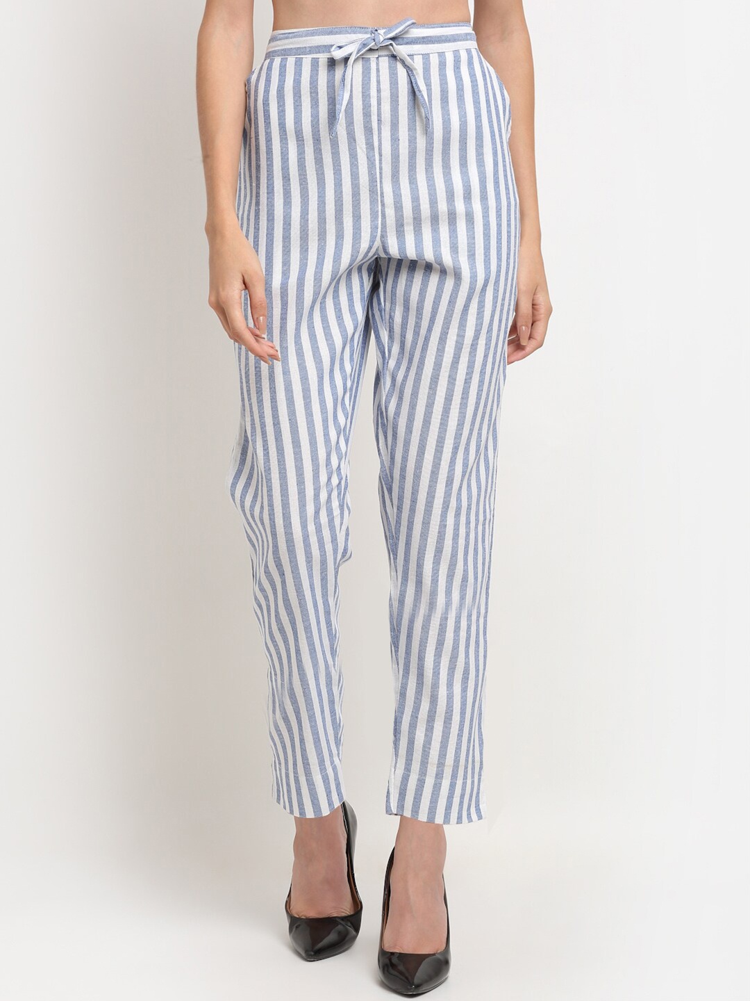 

TAG 7 Women Blue & White Striped Cotton Trousers