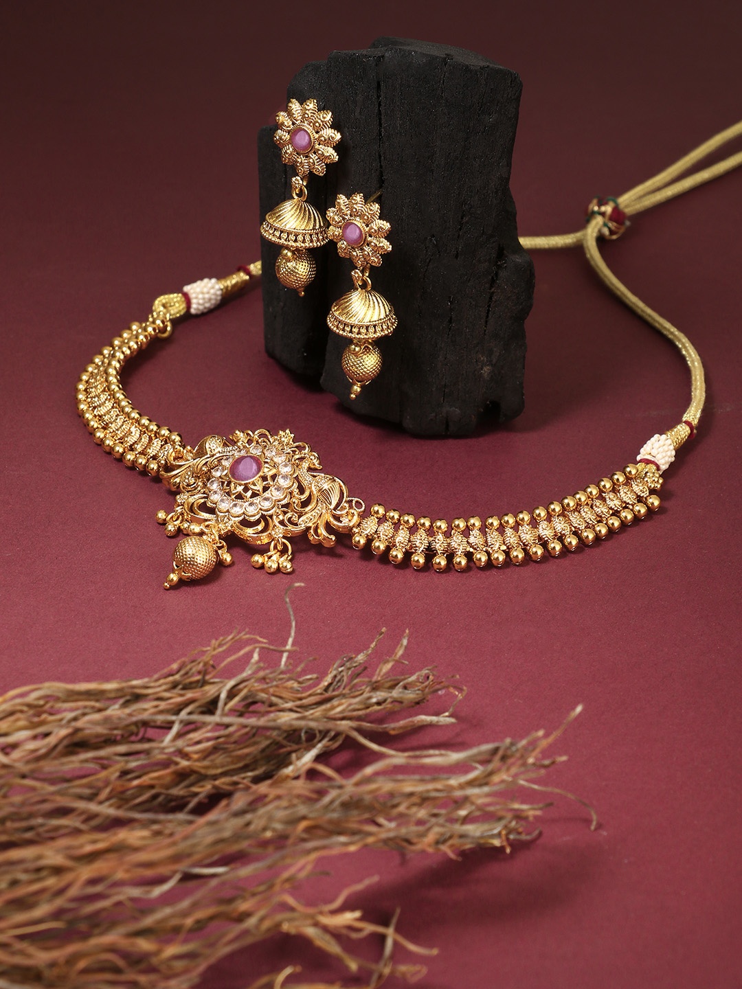 

Adwitiya Collection 24CT Gold-Plated Red & White Stone-Studded Handcrafted Jewellery Set