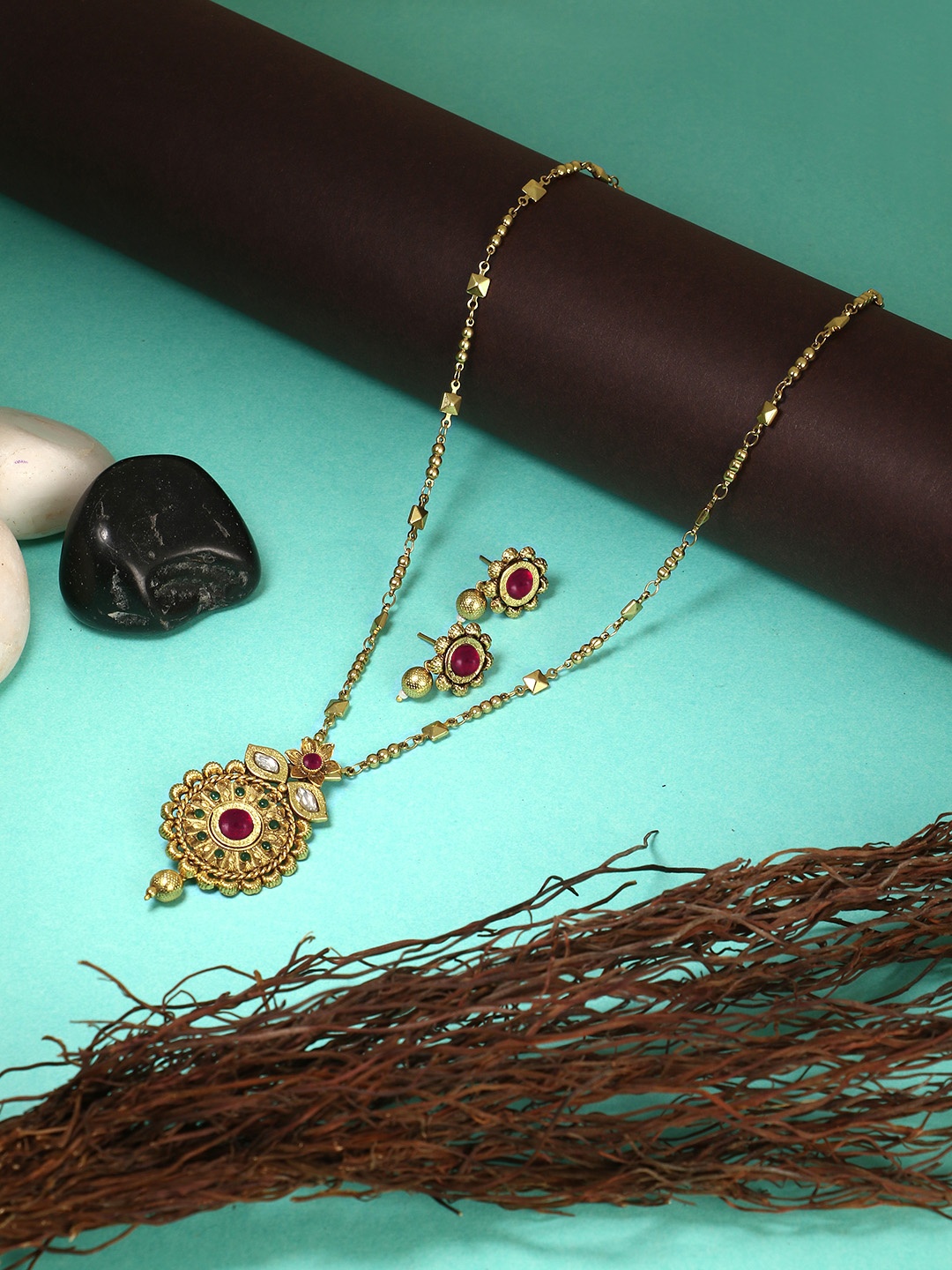 

Adwitiya Collection 24CT Gold-Plated & Red Stone-Studded Handcrafted Jewellery Set