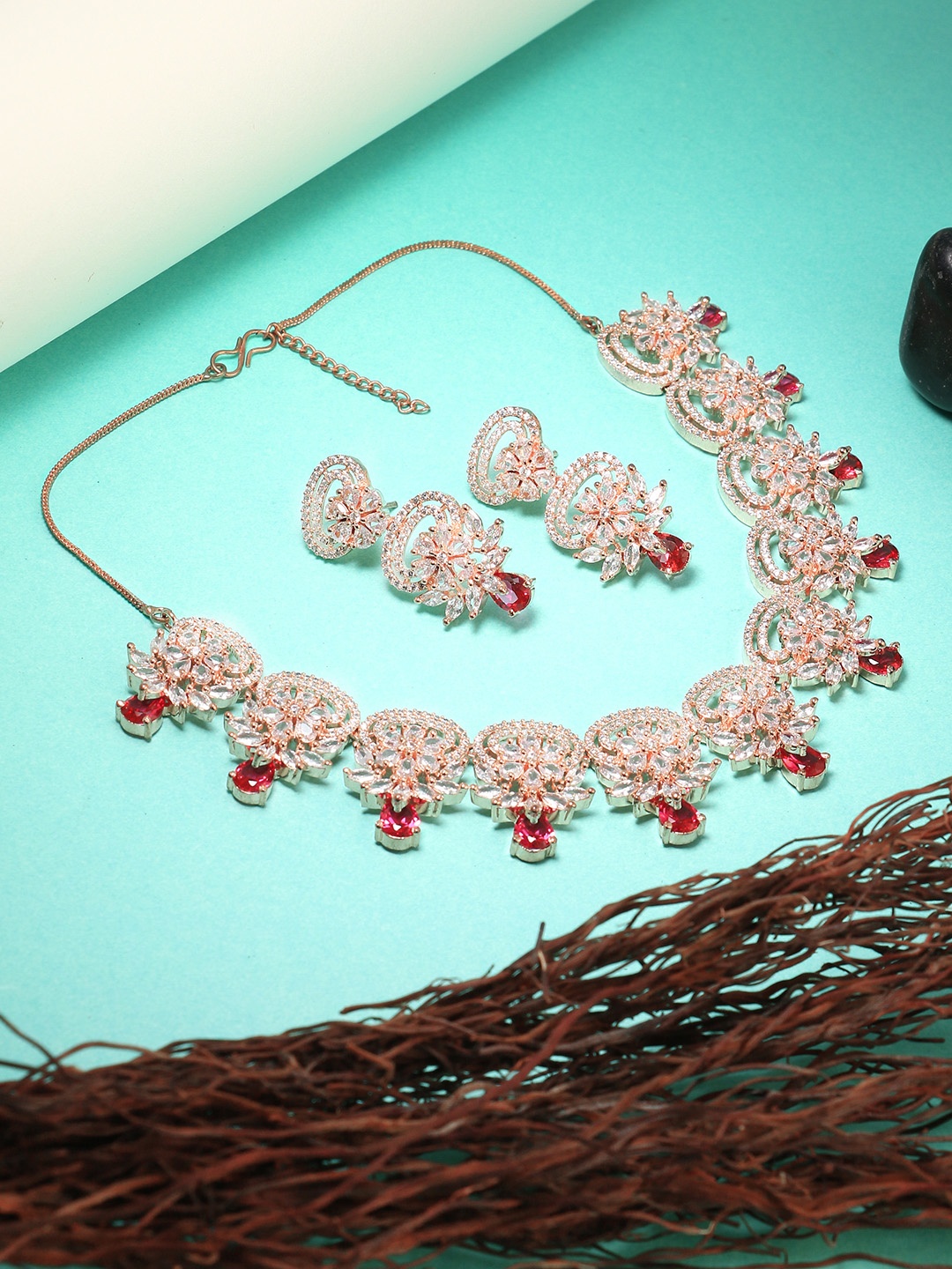 

Adwitiya Collection 24CT Rose Gold-Plated Red & White CZ-Studded Antique Jewellery Set