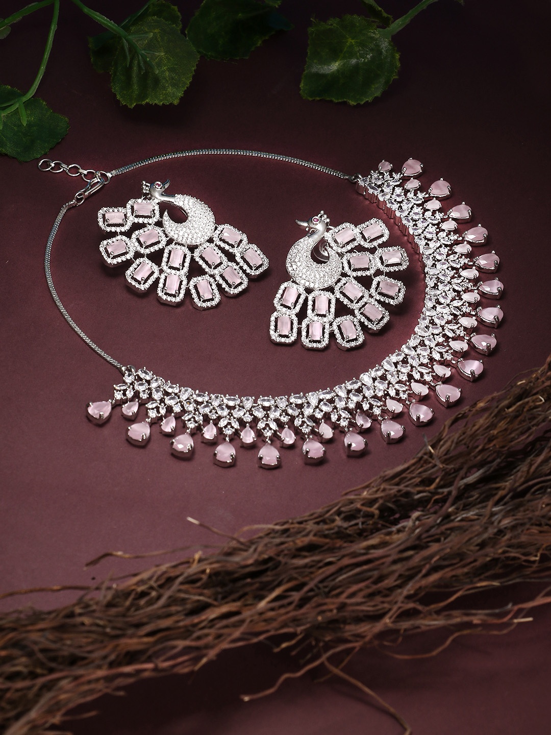 

Adwitiya Collection Silver & Pink-Toned Plated CZ-Studded Jewellery Set