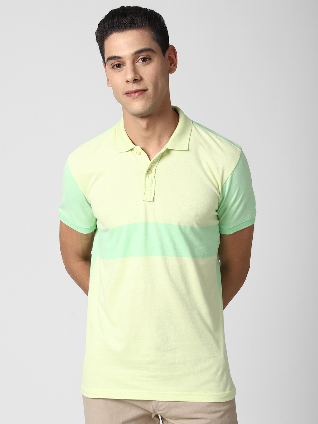 

Peter England Casuals Men Yellow Striped Polo Collar Slim Fit Cotton T-shirt