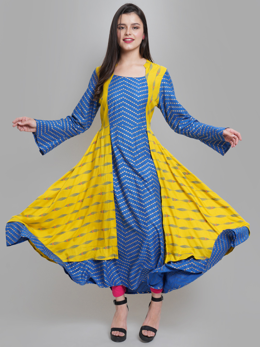 

YASH GALLERY Women Blue & Yellow Printed Flared Sleeves Anarkali Kurta