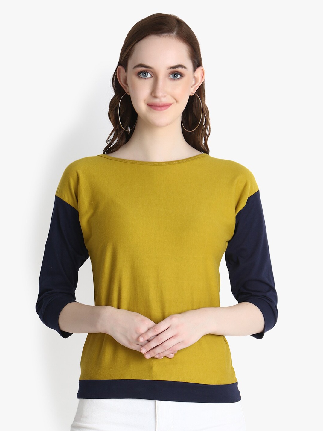 

OM SAI LATEST CREATION Yellow Colourblocked Extended Sleeves Regular Top